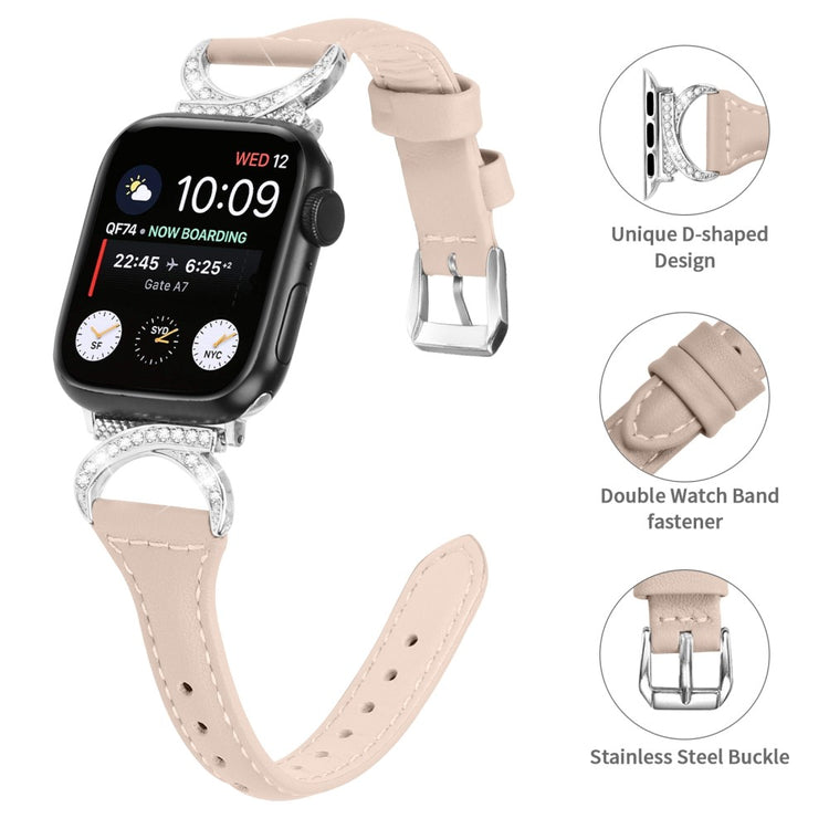 Sejt Ægte Læder Og Rhinsten Universal Rem passer til Apple Smartwatch - Beige#serie_5