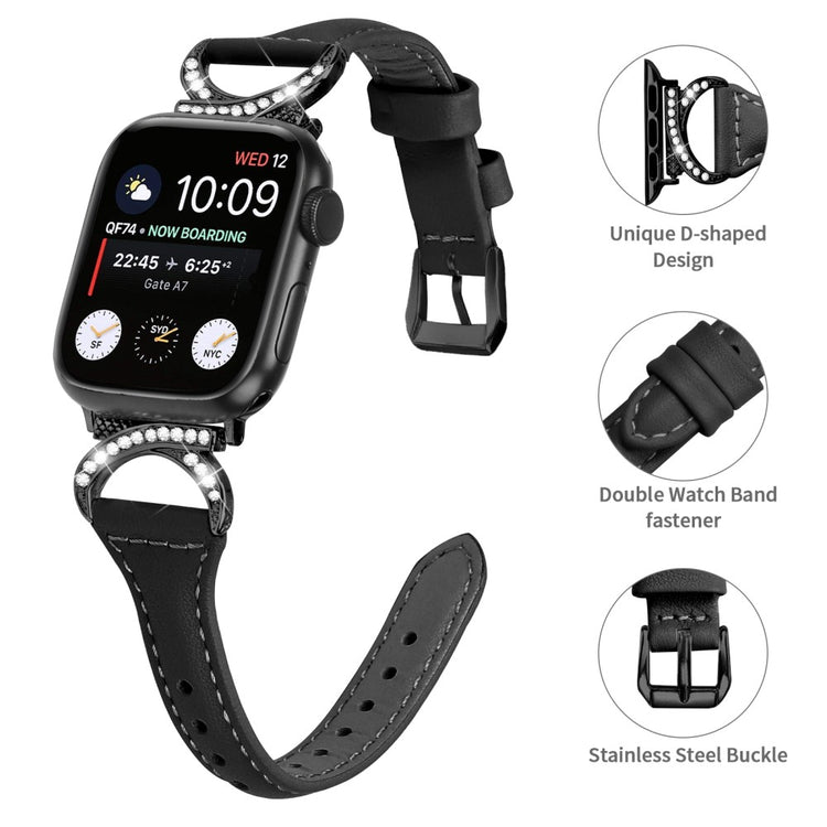Smuk Ægte Læder Og Rhinsten Universal Rem passer til Apple Smartwatch - Sort#serie_1