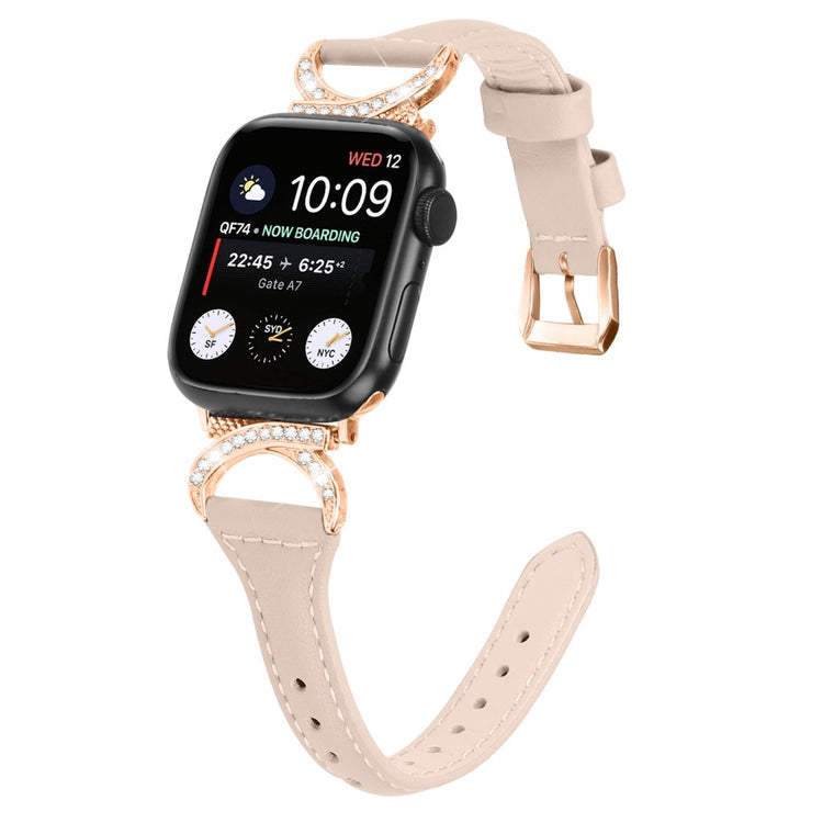 Solid Ægte Læder Og Rhinsten Universal Rem passer til Apple Smartwatch - Beige#serie_5
