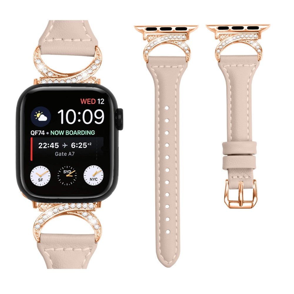 Solid Ægte Læder Og Rhinsten Universal Rem passer til Apple Smartwatch - Beige#serie_5