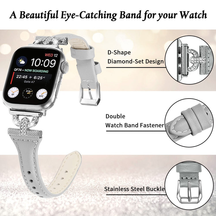 Pænt Ægte Læder Og Rhinsten Universal Rem passer til Apple Smartwatch - Sølv#serie_1