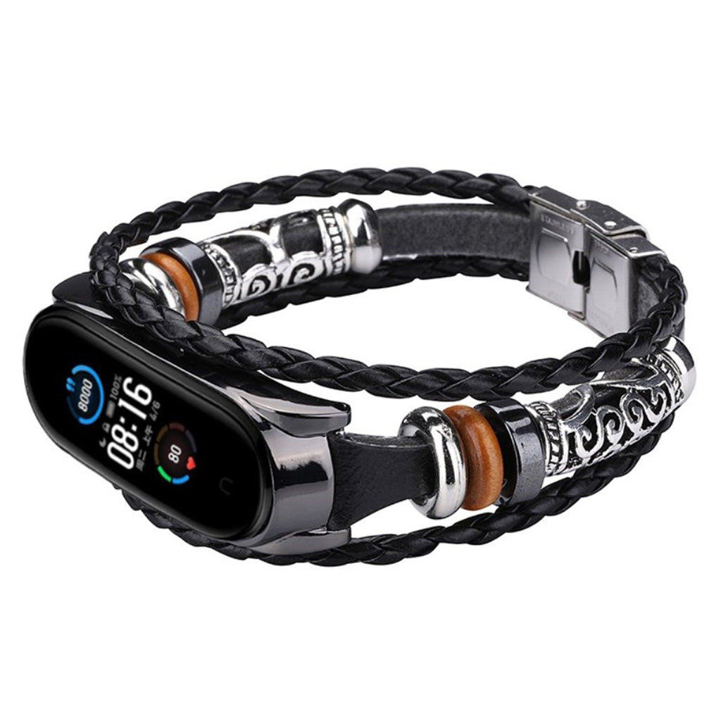 Vildt hårdfør Xiaomi Mi Band 5 Ægte læder og Metal Rem - Sort#serie_6