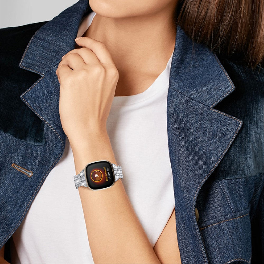 Mega fint Fitbit Versa 3 Metal og Rhinsten Urrem - Sølv#serie_5