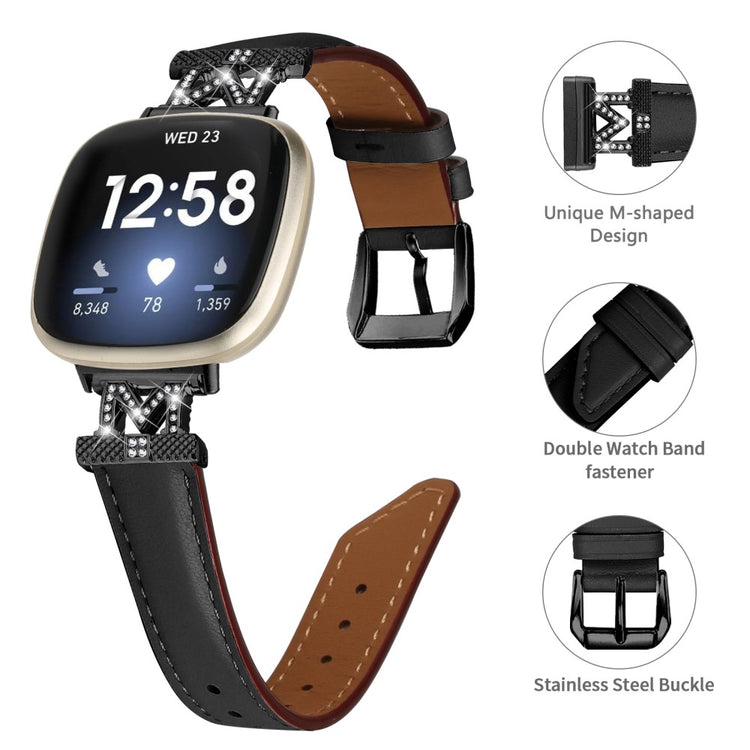 Godt Ægte Læder Og Rhinsten Universal Rem passer til Fitbit Smartwatch - Sort#serie_4