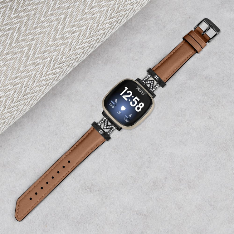 Godt Ægte Læder Og Rhinsten Universal Rem passer til Fitbit Smartwatch - Brun#serie_6