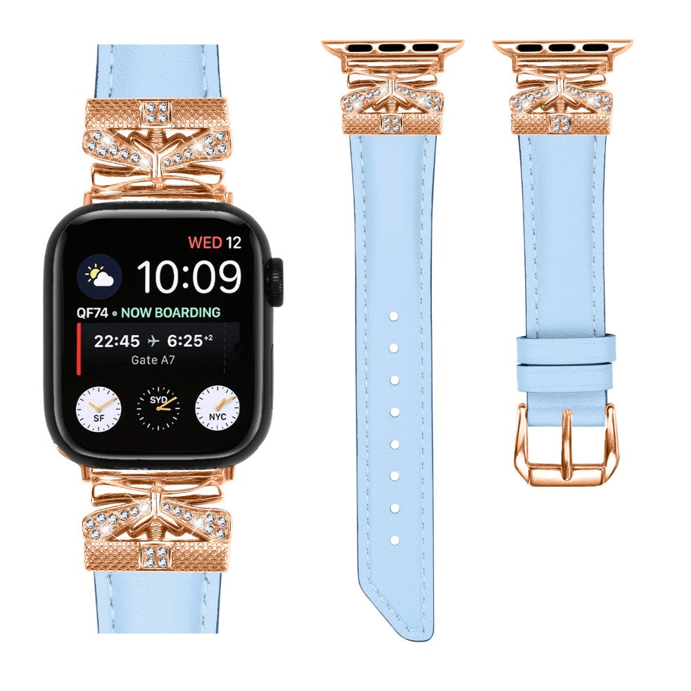 Solid Kunstlæder Og Rhinsten Universal Rem passer til Apple Smartwatch - Blå#serie_4