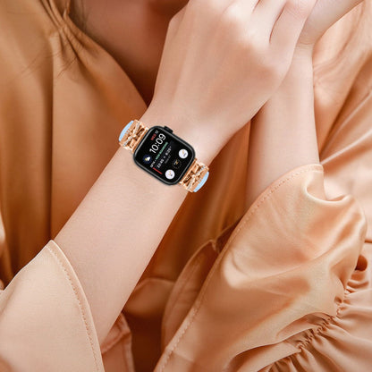 Solid Kunstlæder Og Rhinsten Universal Rem passer til Apple Smartwatch - Blå#serie_4