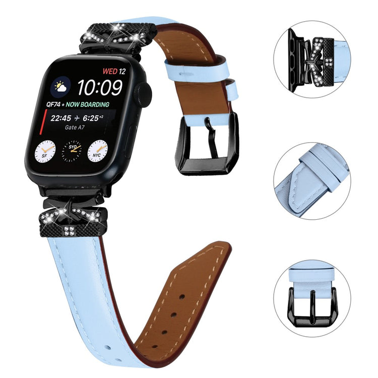 Kønt Kunstlæder Og Rhinsten Universal Rem passer til Apple Smartwatch - Blå#serie_4