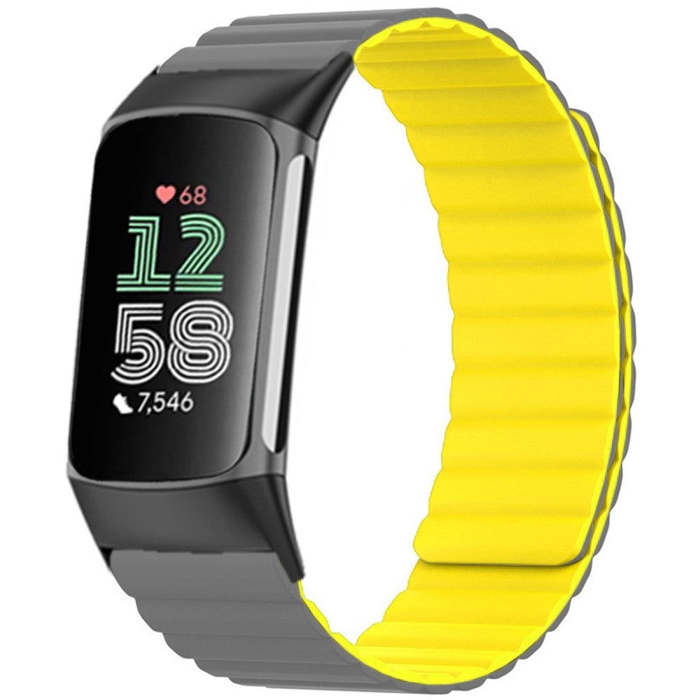 Fitbit Charge 6 / 5 Magnetic Watch Band Silicone Adjustable Wriststrap - Grey+Yellow#serie_6