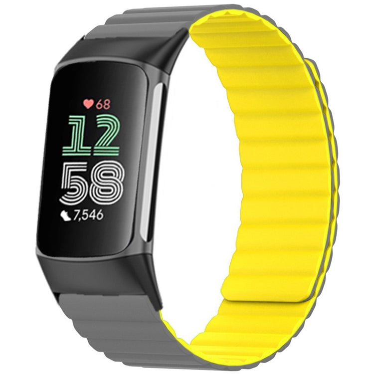 Fitbit Charge 6 / 5 Magnetic Watch Band Silicone Adjustable Wriststrap - Grey+Yellow#serie_6