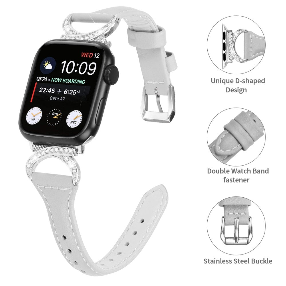Smuk Ægte Læder Og Rhinsten Universal Rem passer til Apple Smartwatch - Sølv#serie_3