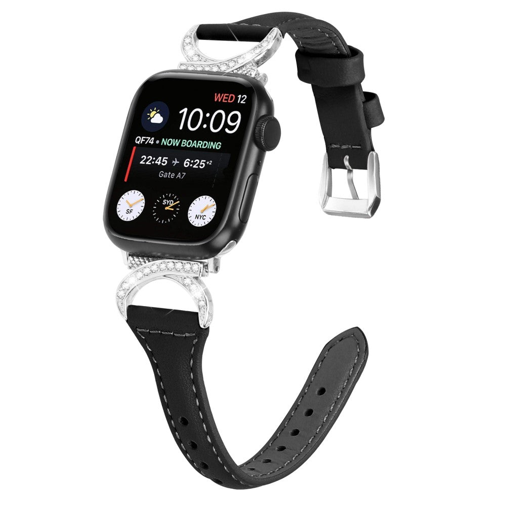 Sejt Ægte Læder Og Rhinsten Universal Rem passer til Apple Smartwatch - Sort#serie_1