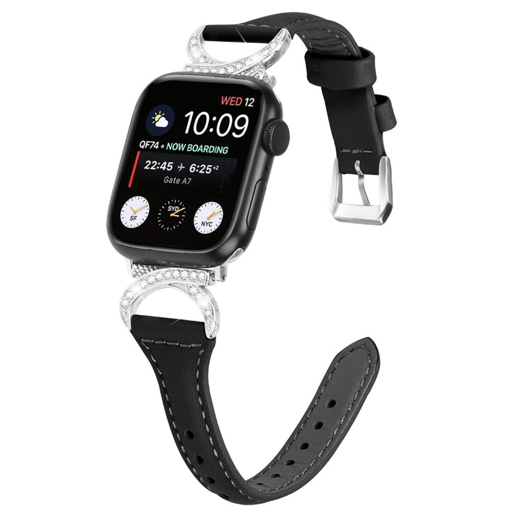 Sejt Ægte Læder Og Rhinsten Universal Rem passer til Apple Smartwatch - Sort#serie_1