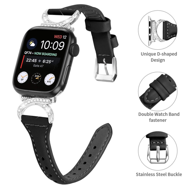 Sejt Ægte Læder Og Rhinsten Universal Rem passer til Apple Smartwatch - Sort#serie_1