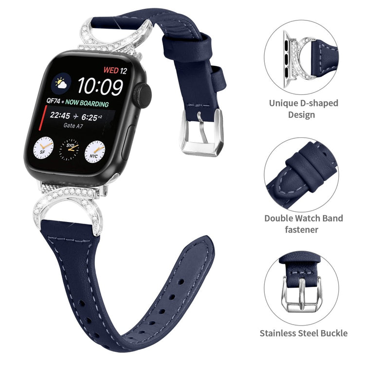 Sejt Ægte Læder Og Rhinsten Universal Rem passer til Apple Smartwatch - Blå#serie_2