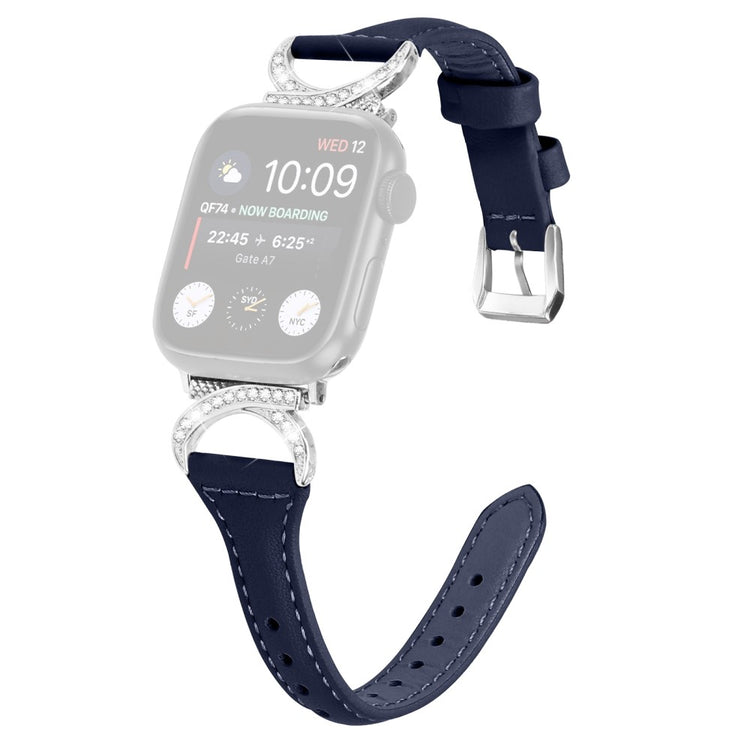 Sejt Ægte Læder Og Rhinsten Universal Rem passer til Apple Smartwatch - Blå#serie_2