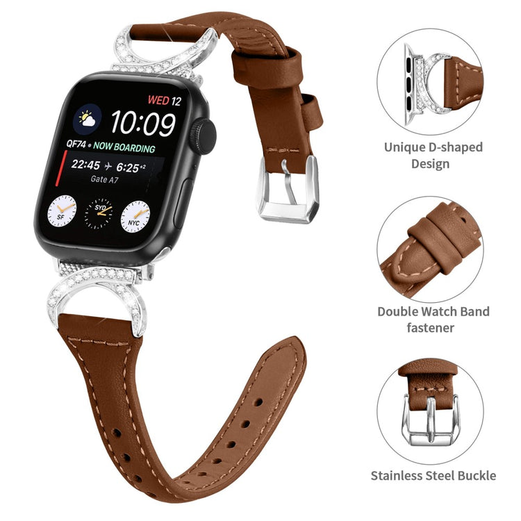 Sejt Ægte Læder Og Rhinsten Universal Rem passer til Apple Smartwatch - Brun#serie_6
