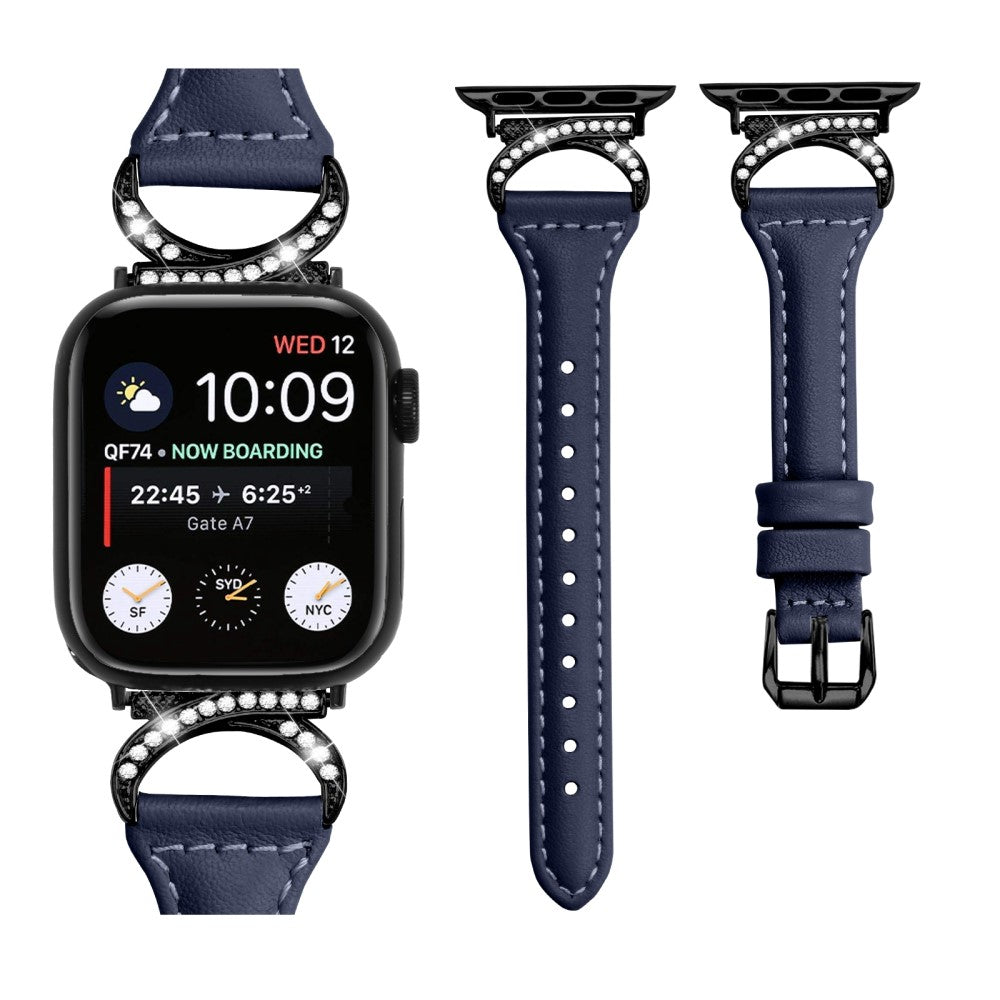 Smuk Ægte Læder Og Rhinsten Universal Rem passer til Apple Smartwatch - Blå#serie_2
