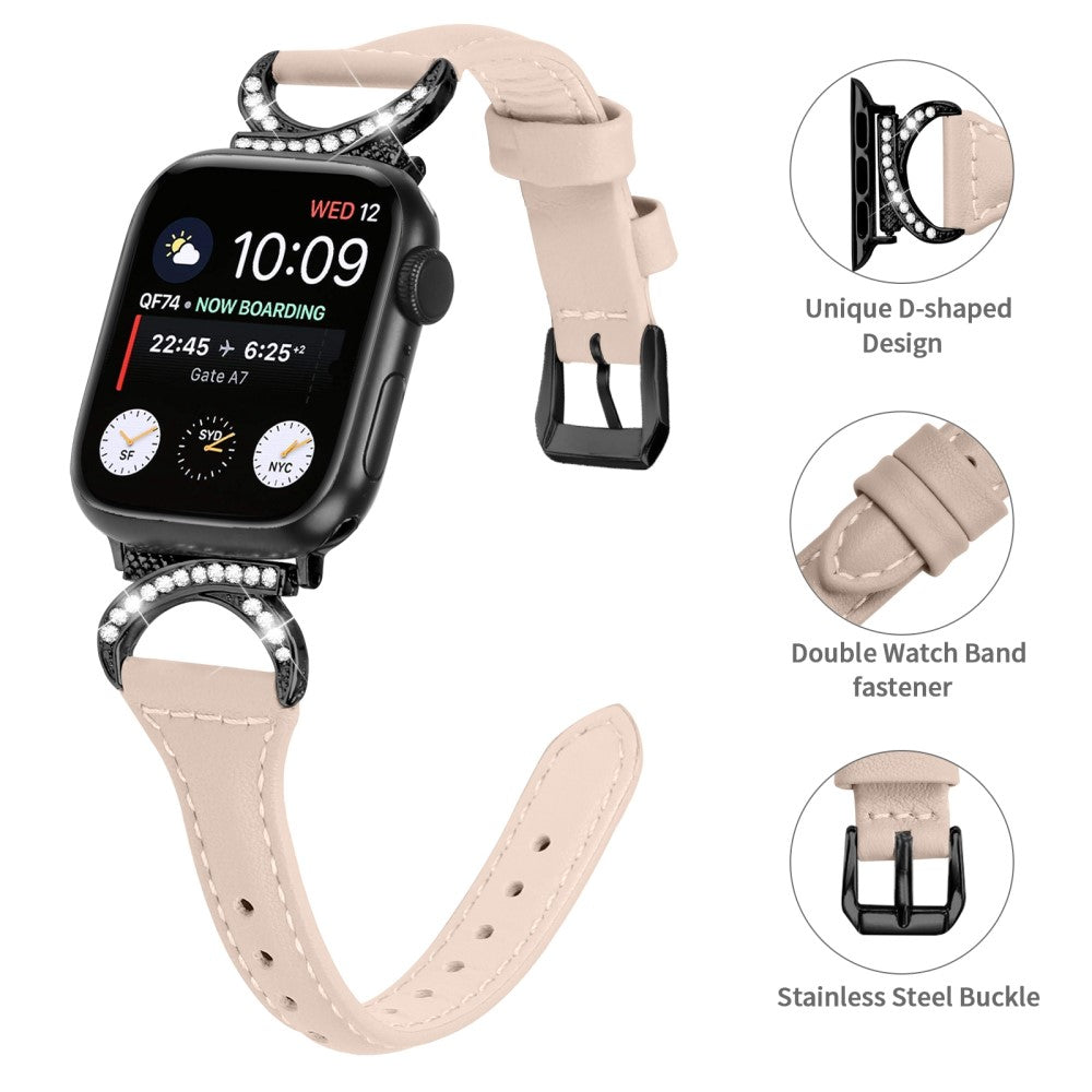 Smuk Ægte Læder Og Rhinsten Universal Rem passer til Apple Smartwatch - Beige#serie_5