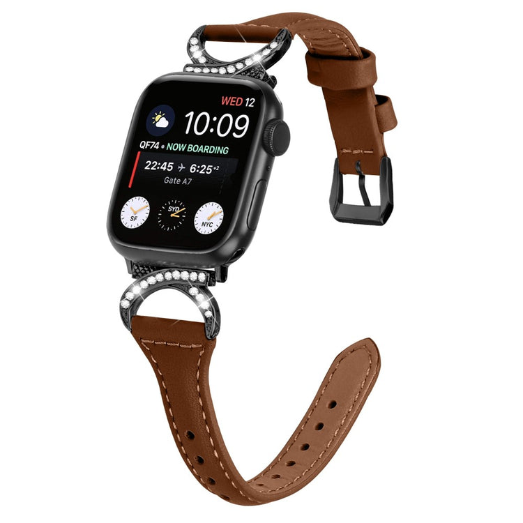 Smuk Ægte Læder Og Rhinsten Universal Rem passer til Apple Smartwatch - Brun#serie_6