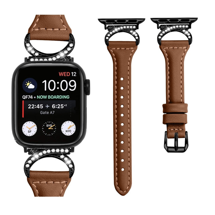 Smuk Ægte Læder Og Rhinsten Universal Rem passer til Apple Smartwatch - Brun#serie_6