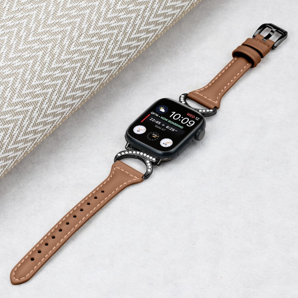 Smuk Ægte Læder Og Rhinsten Universal Rem passer til Apple Smartwatch - Brun#serie_6