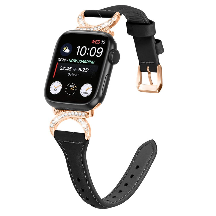 Solid Ægte Læder Og Rhinsten Universal Rem passer til Apple Smartwatch - Sort#serie_1