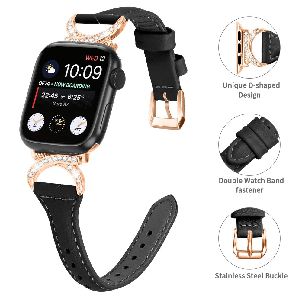 Solid Ægte Læder Og Rhinsten Universal Rem passer til Apple Smartwatch - Sort#serie_1
