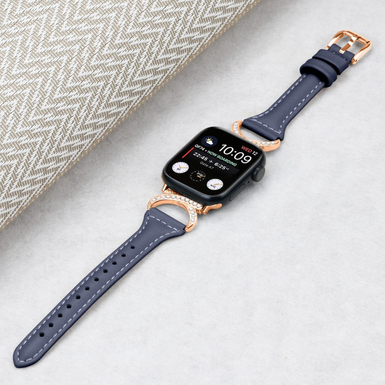 Solid Ægte Læder Og Rhinsten Universal Rem passer til Apple Smartwatch - Blå#serie_2
