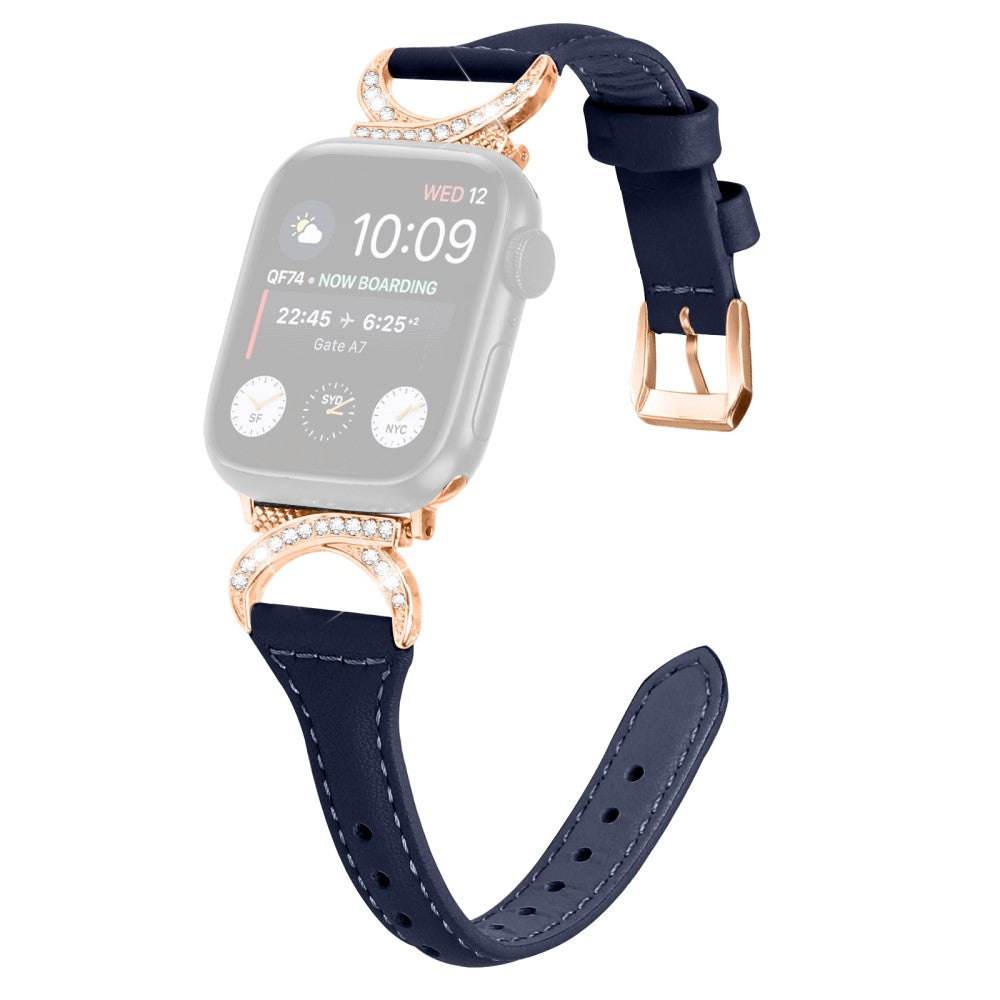 Solid Ægte Læder Og Rhinsten Universal Rem passer til Apple Smartwatch - Blå#serie_2