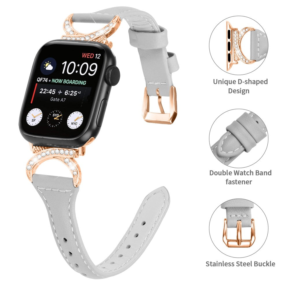 Solid Ægte Læder Og Rhinsten Universal Rem passer til Apple Smartwatch - Sølv#serie_3