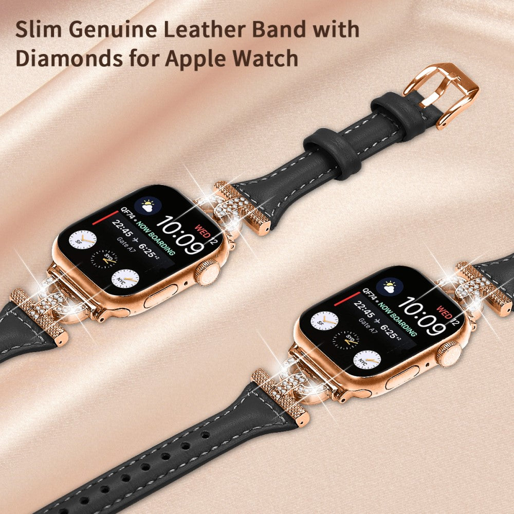 Solid Ægte Læder Og Rhinsten Universal Rem passer til Apple Smartwatch - Sort#serie_2