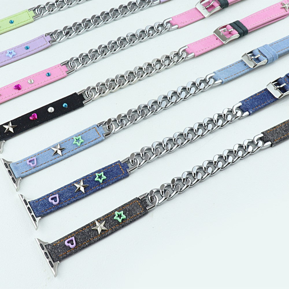 Apple Watch Series 9 45mm / Ultra 2 Genuine leather with metal chain strap - Blue#serie_4