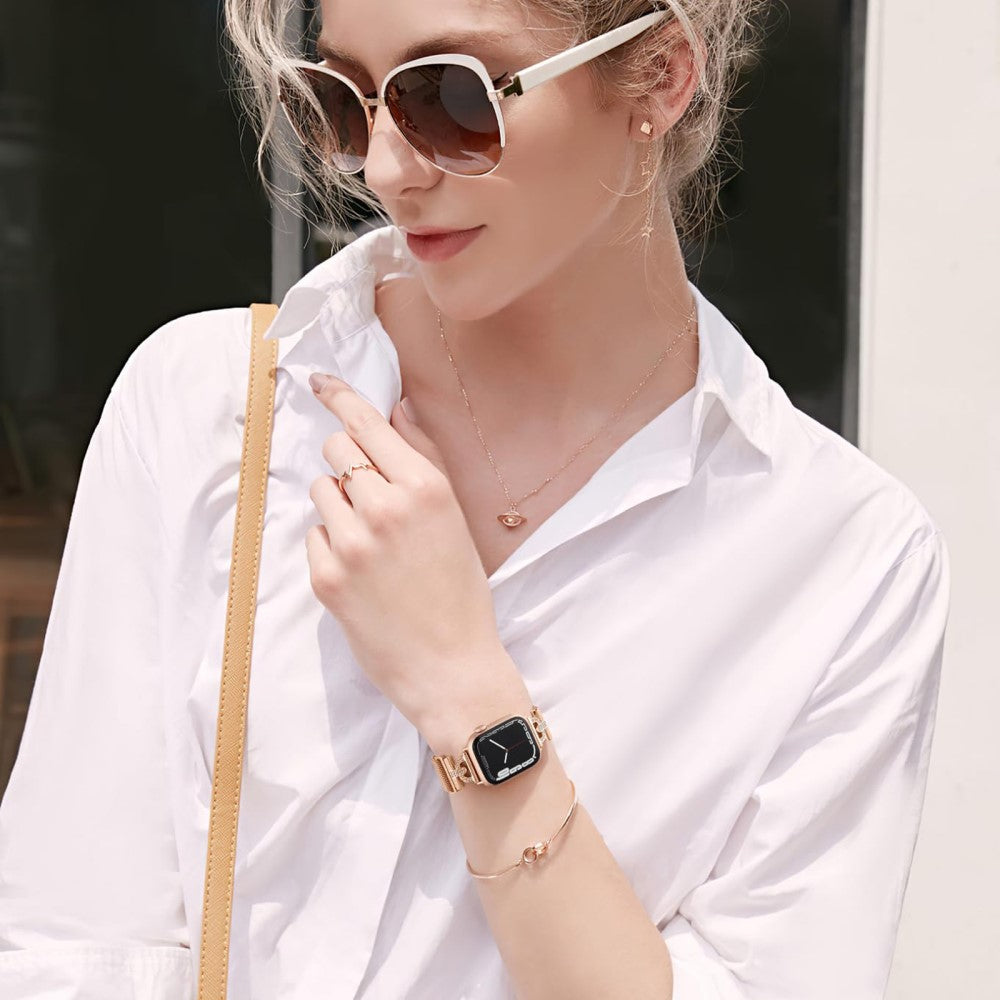 Apple Watch Series 9 45mm / Ultra 2 rhinestone S-shape milanese stainless steel strap - Rose Gold#serie_2