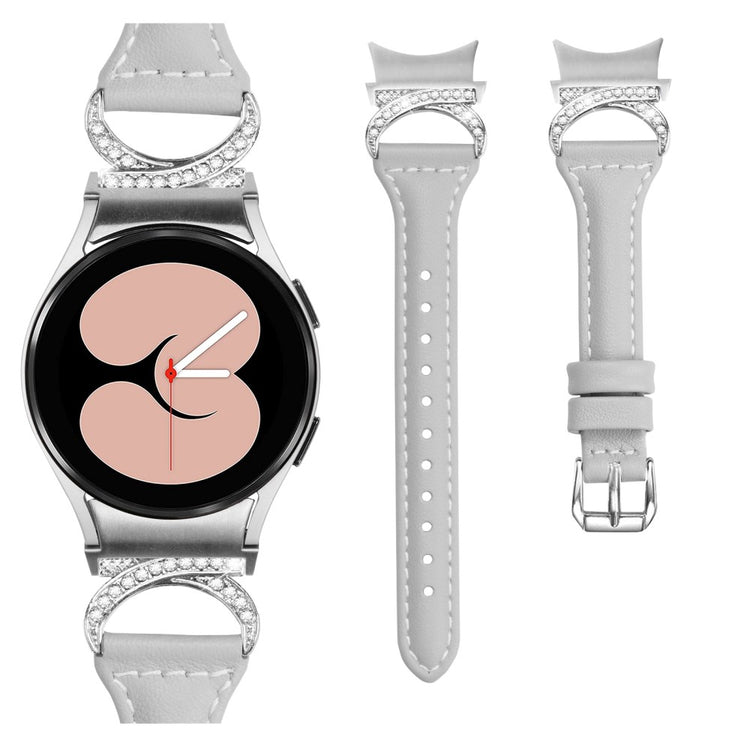 Fed Ægte Læder Og Rhinsten Universal Rem passer til Samsung Smartwatch - Sølv#serie_3