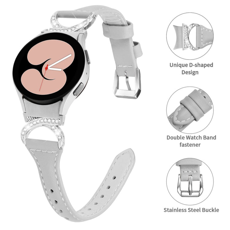 Fed Ægte Læder Og Rhinsten Universal Rem passer til Samsung Smartwatch - Sølv#serie_3