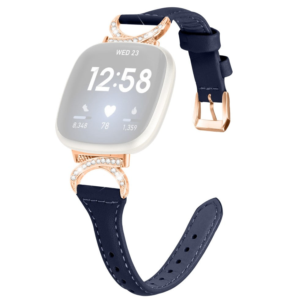 Kønt Ægte Læder Og Rhinsten Universal Rem passer til Fitbit Smartwatch - Blå#serie_2