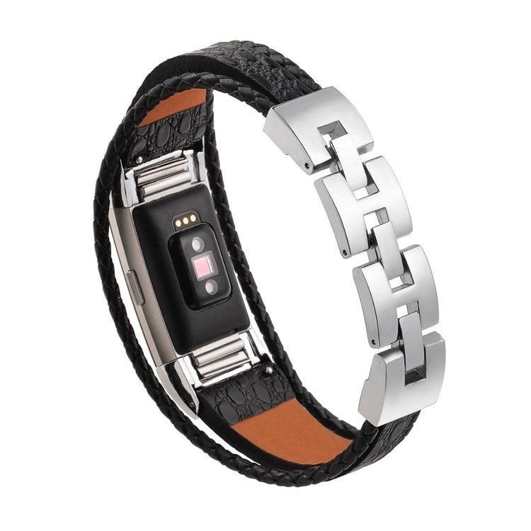 Fed Fitbit Charge 2 Ægte læder og Metal Rem - Sort#serie_l06
