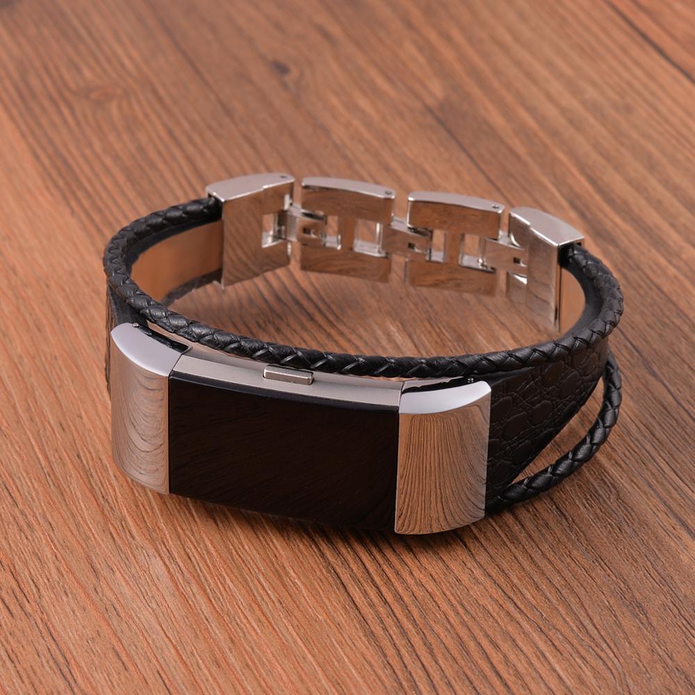 Fed Fitbit Charge 2 Ægte læder og Metal Rem - Sort#serie_l06