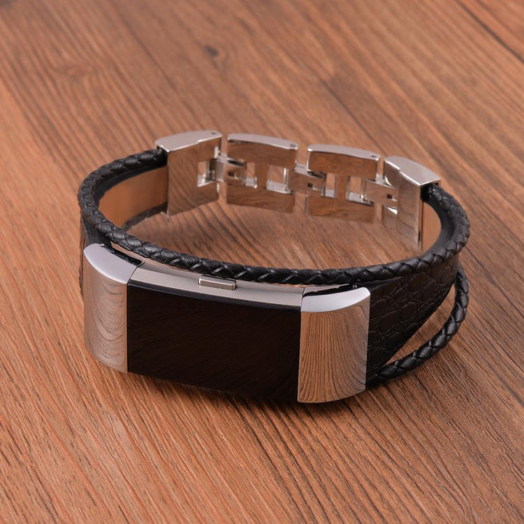 Fed Fitbit Charge 2 Ægte læder og Metal Rem - Sort#serie_l06