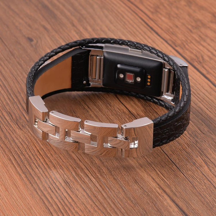 Fed Fitbit Charge 2 Ægte læder og Metal Rem - Sort#serie_l06