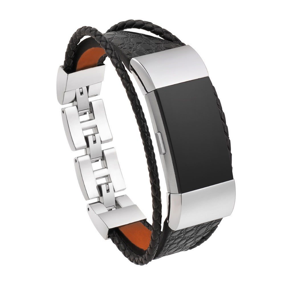 Fed Fitbit Charge 2 Ægte læder og Metal Rem - Sort#serie_l06