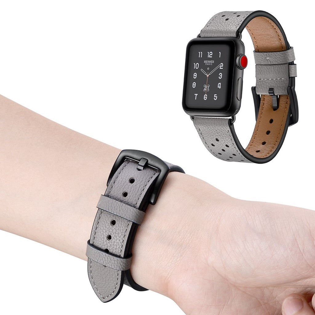  Apple Watch Series 5 40mm / Apple Watch 40mm Ægte læder Rem - Sølv#serie_5