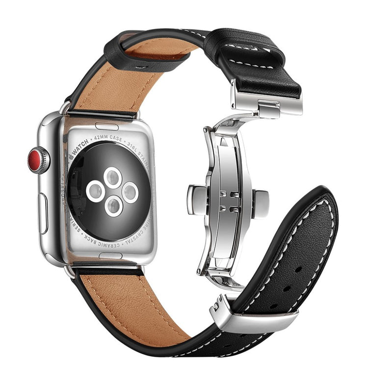  Apple Watch Series 5 44mm / Apple Watch 44mm Ægte læder Rem - Sort#serie_15