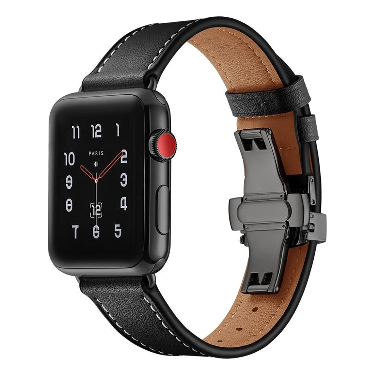  Apple Watch Series 5 44mm / Apple Watch 44mm Ægte læder Rem - Sort#serie_3