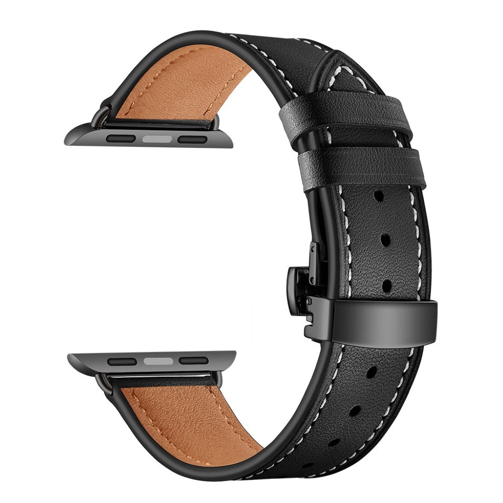  Apple Watch Series 5 44mm / Apple Watch 44mm Ægte læder Rem - Sort#serie_3