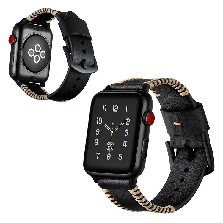  Apple Watch Series 5 44mm / Apple Watch 44mm Ægte læder Rem - Sort#serie_1
