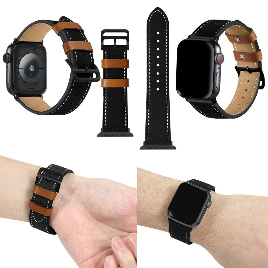  Apple Watch Series 5 44mm / Apple Watch 44mm Ægte læder Rem - Sort#serie_2