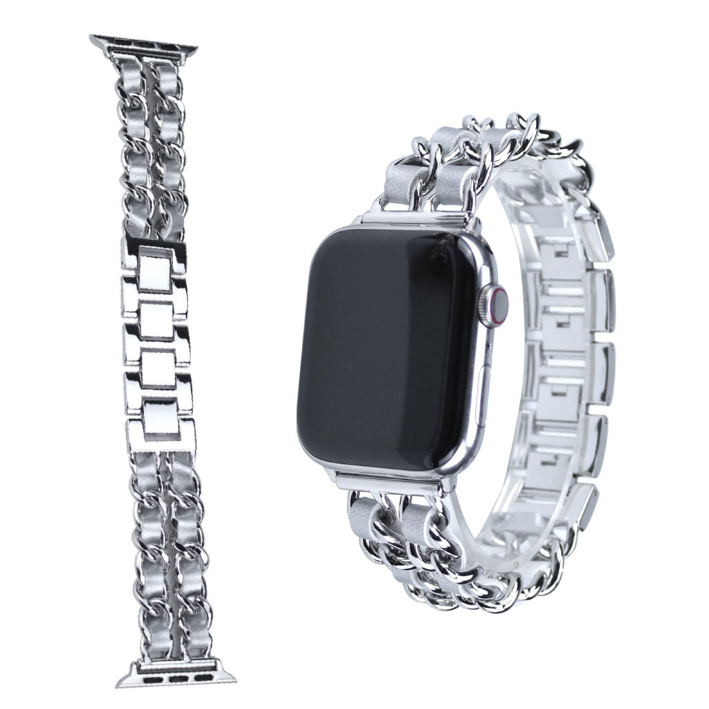  Apple Watch Series 5 44mm / Apple Watch 44mm Metal og Kunstlæder Rem - Sølv#serie_2