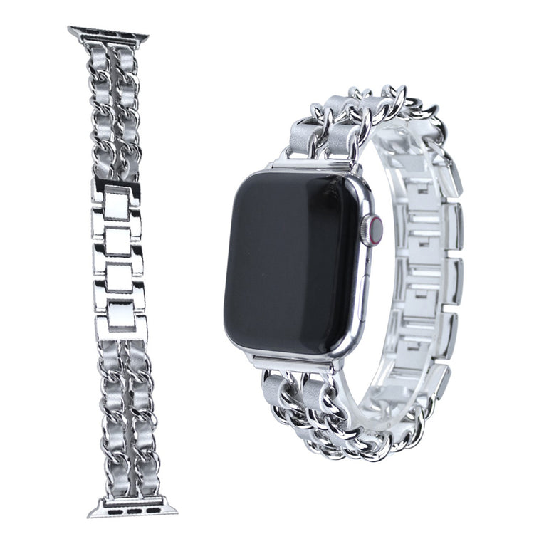 Apple Watch Series 5 44mm / Apple Watch 44mm Metal og Kunstlæder Rem - Sølv#serie_2